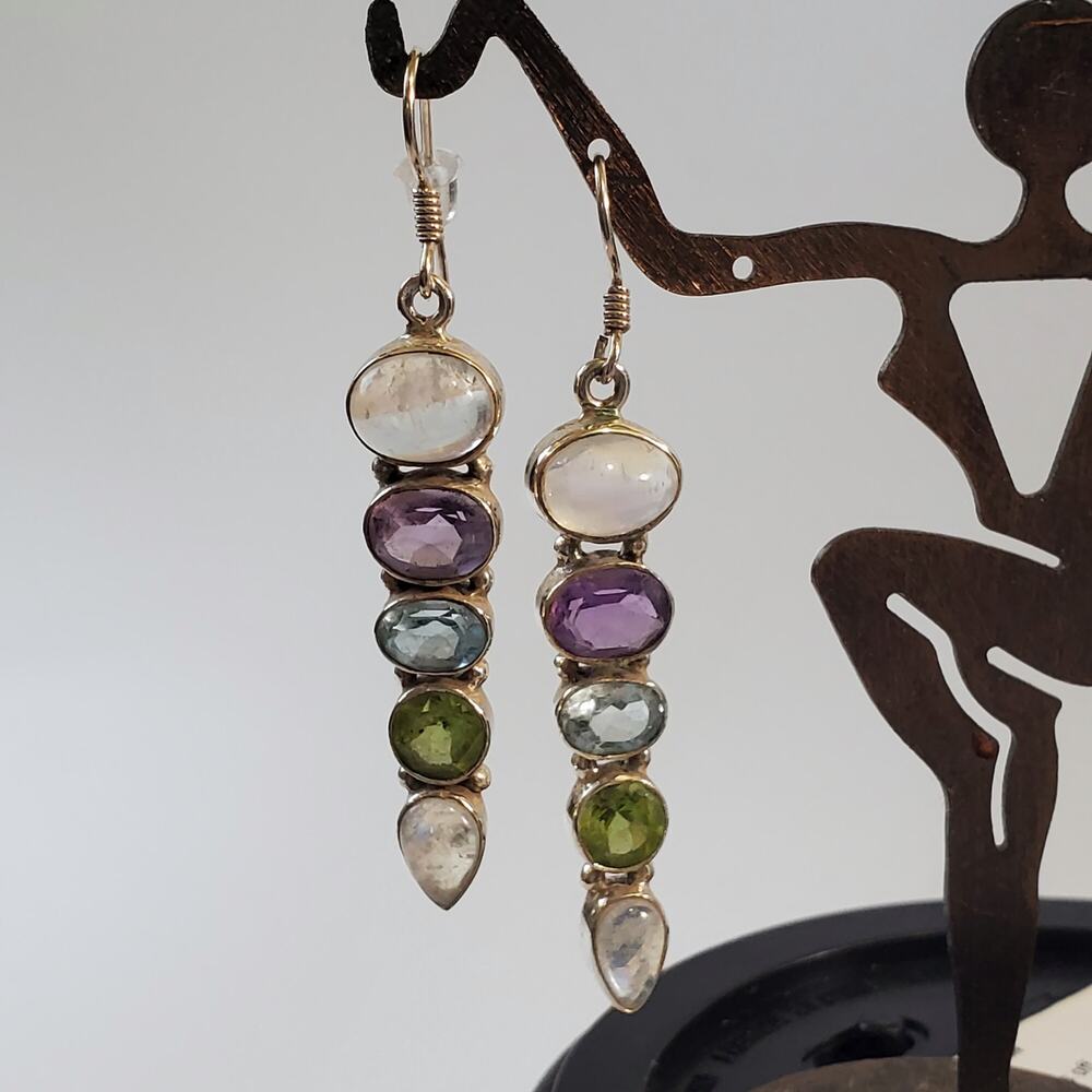 Moonstone Amethyst Peridot Topaz Sterling Silver Stacked Earrings India